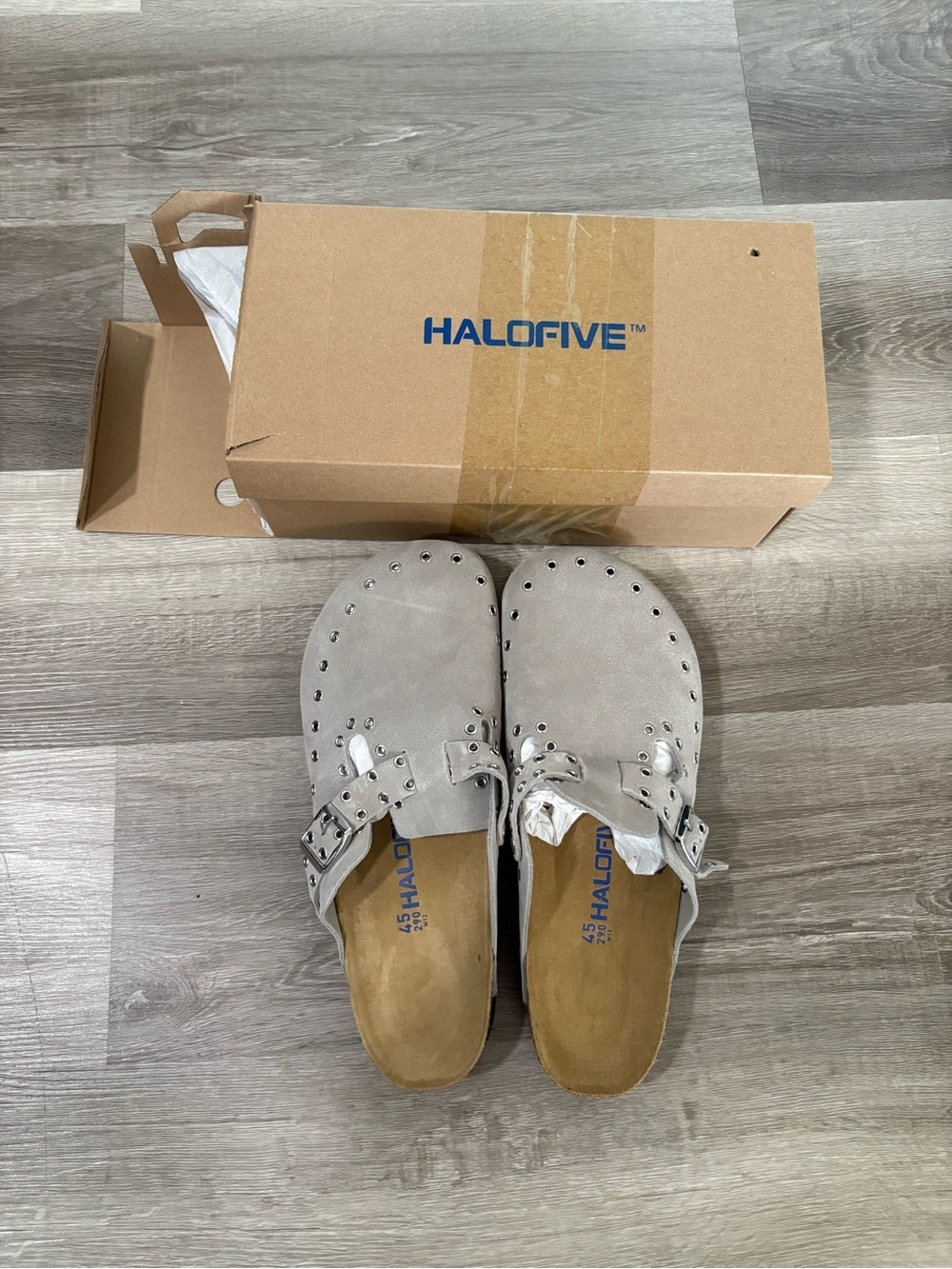 HALOFIVE Studded Suede Clog Mules in Light Taupe